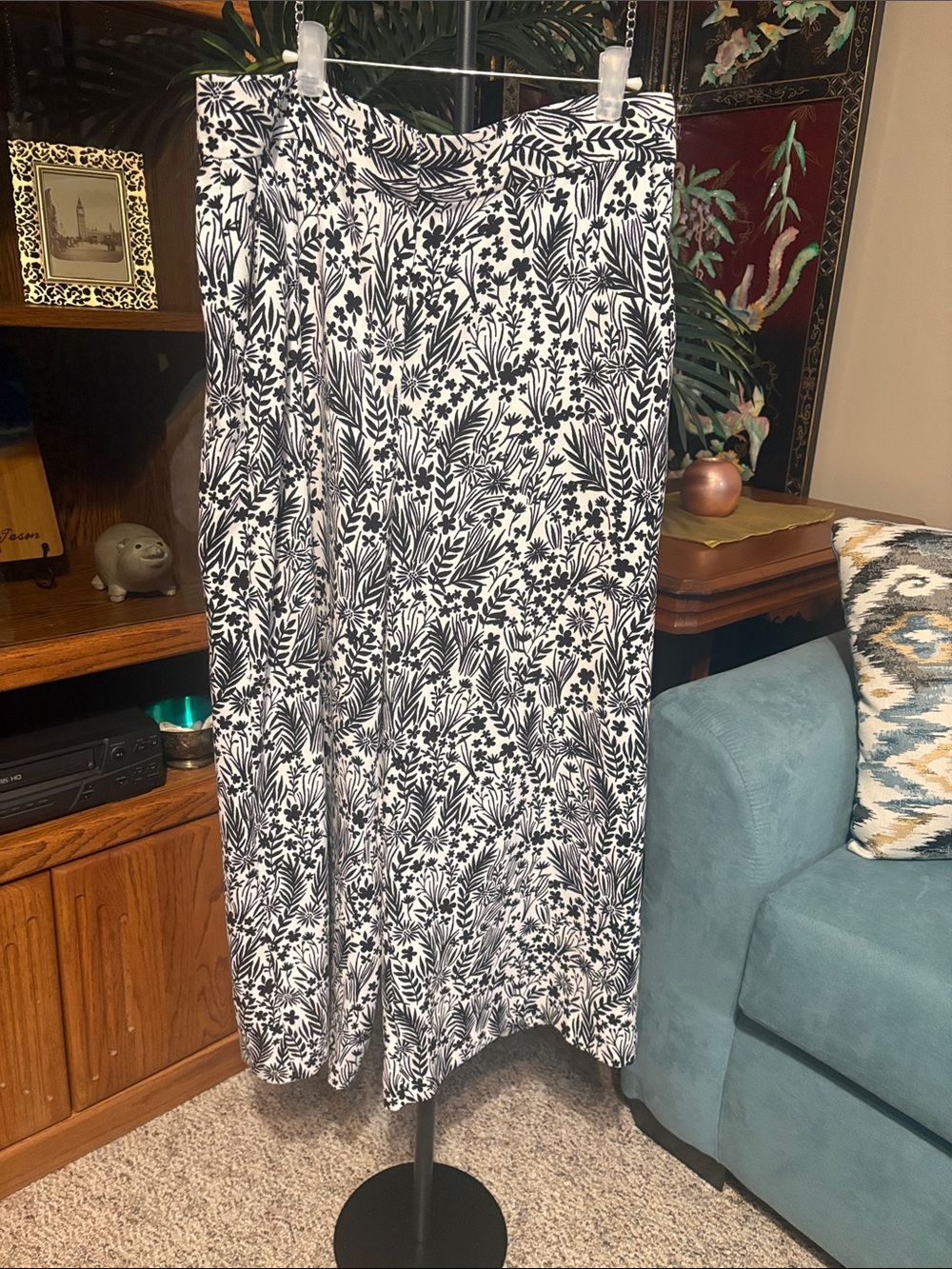 Black and White Floral Wide Leg Pants- Women